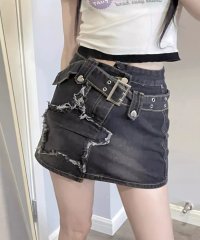 shopnikoniko/ショップニコニコ ShopNikoNiko スターパッチ ワイドベルト デニムミニスカート【即納】 ワイドベルト 穴あきベルト ベルト付きスカート スター 星 /506003468
