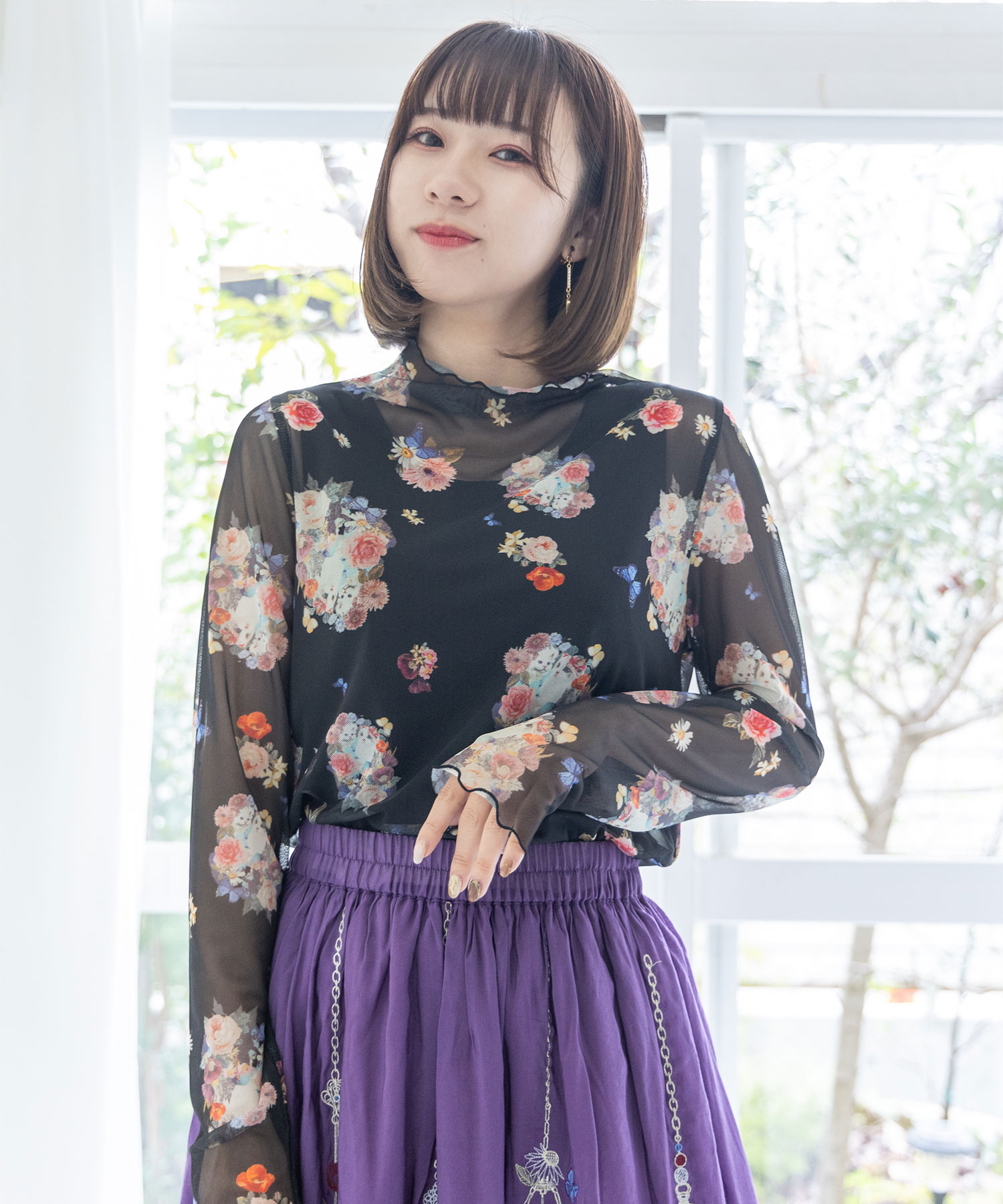 スカラー ScoLar ネコ花蝶柄 3柄展開ソフトチュールインナーT