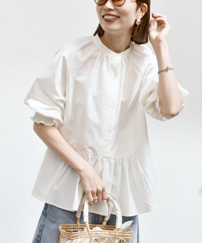 セール 30%OFF】SHIPS any: サッカー ペプラム ギャザー シャツ