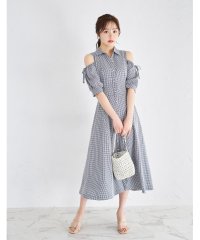 tocco closet/リボン付きオープンショルダーバックレースアップギンガムチェックシャツワンピース/506018080