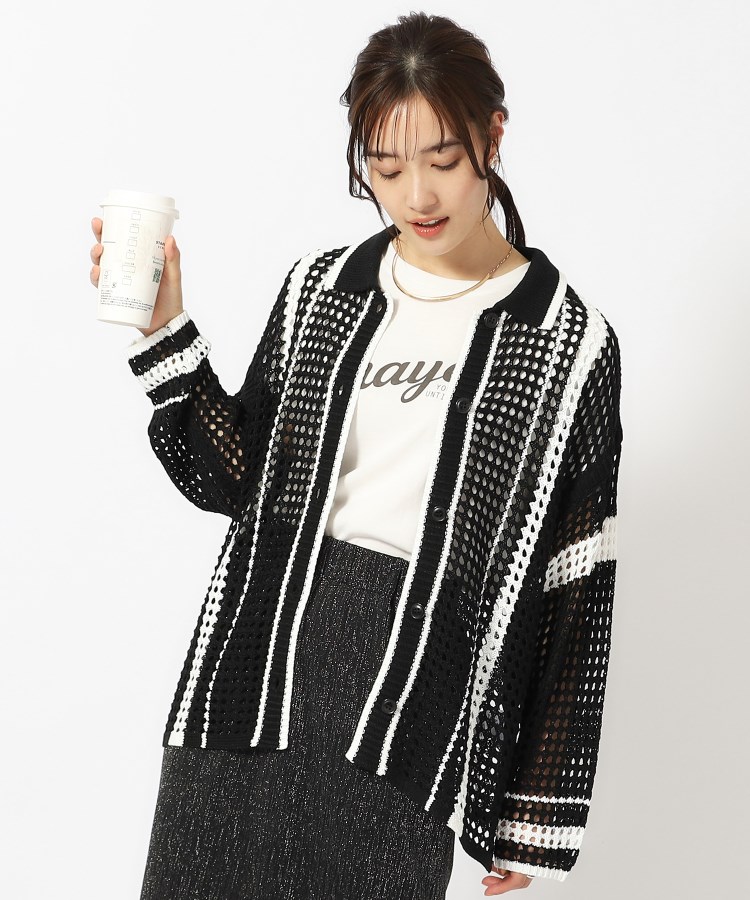 セール60%OFF】衿付き配色メッシュニットカーディガン(506040057