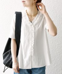 SHIPS any WOMEN/SHIPS any: 〈洗濯機可能〉コットン サテン フリル Vネック ショートスリーブ ブラウス/506048268