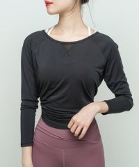 TeddyShop/テディショップ Teddyshop レディース 長袖リボン結べるラウンドヘムバックスリットメッシュヨガトップス/506050236