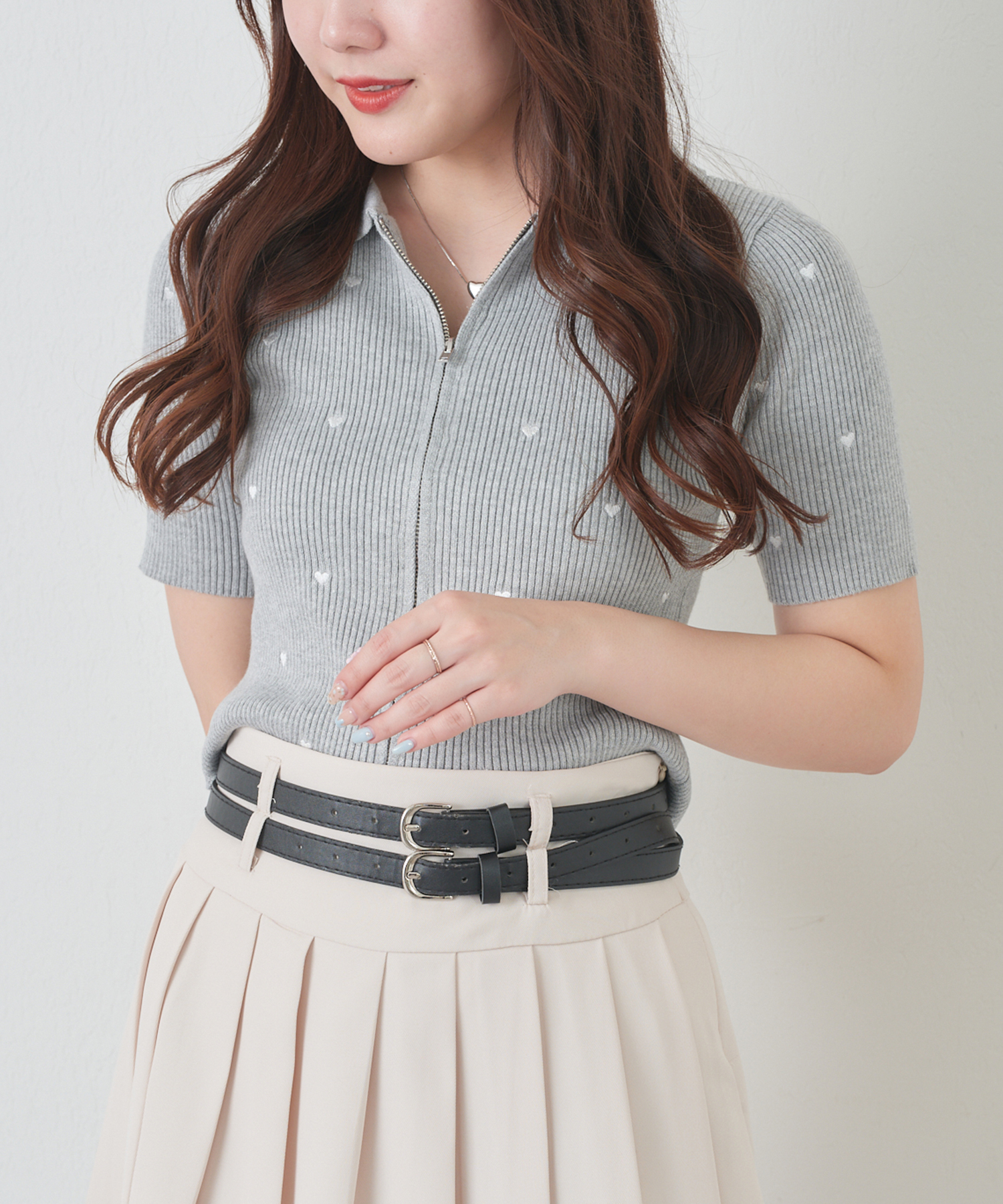 ハート刺繍WZIPポロニット トップス ニット 春(506057472