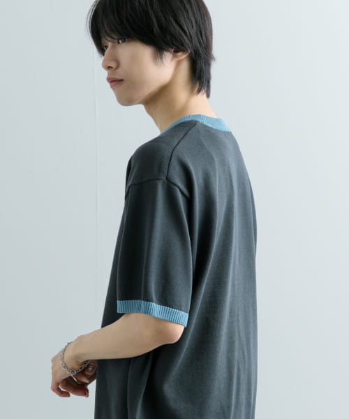 セール】『洗濯可』リブハイショクラインニットTシャツ(5分袖