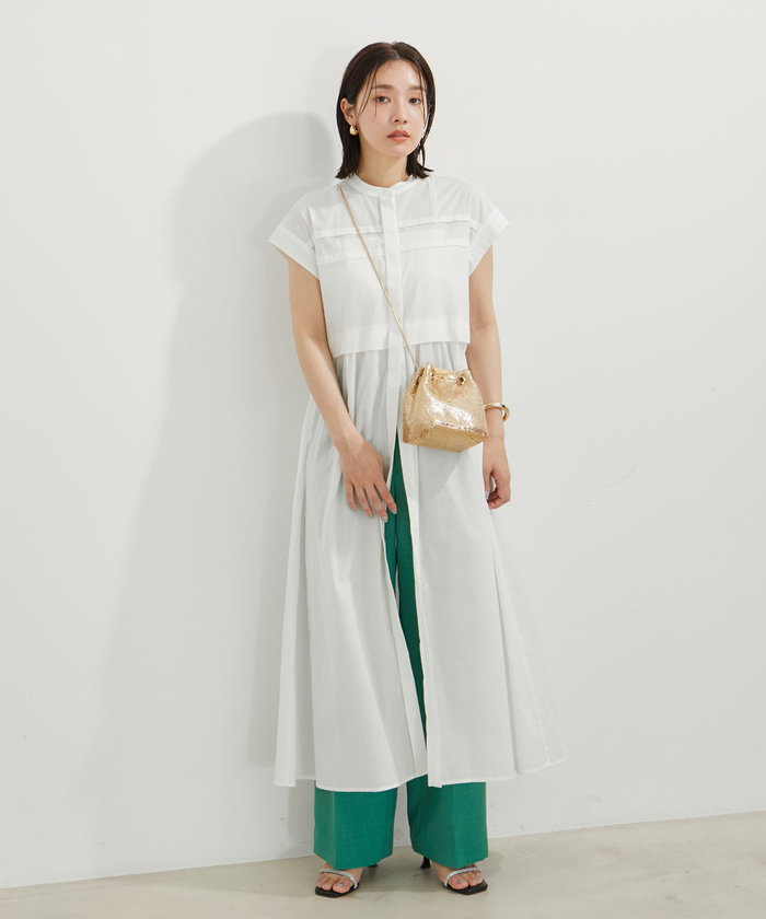 セール】【洗える】フレンチスリーブロングシャツワンピース