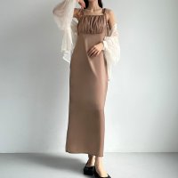Louere/ルエレ Louere Louere リボンショルダーサテンIラインワンピース【ペチスカートセット】/505937243