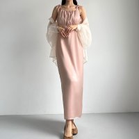 Louere/ルエレ Louere Louere リボンショルダーサテンIラインワンピース【ペチスカートセット】/505937243
