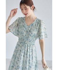 tocco closet/ピンタックフラワープリントウエストシャーリングシフォンワンピース/506058715