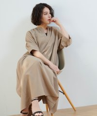 Honeys/６分袖キーネックワンピ ワンピース ロングワンピース Aライン レイヤード 麻調 /506078273