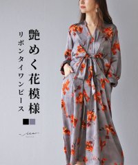 Vieo/ヴィオ Vieo 艶めく花模様 リボンタイワンピース/506078397