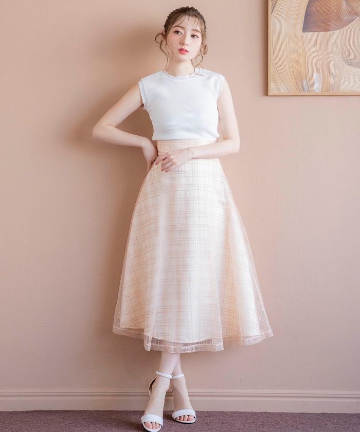 セール 30%OFF】スパンチェックチュールフレアスカート セール 30%OFF】スパンチェックチュールフレアスカート
