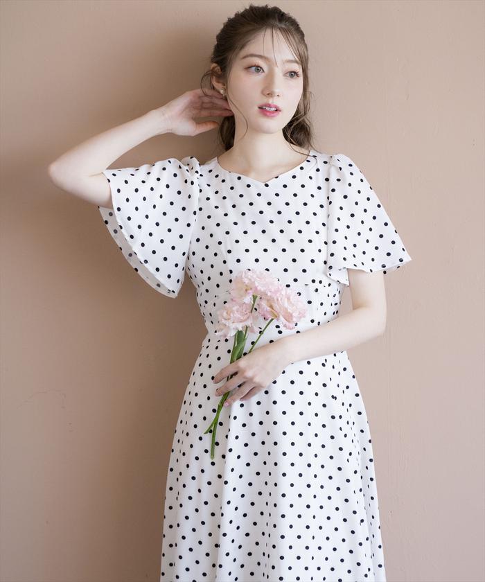 セール 40%OFF】ハートネックフレアスリーブドットワンピース