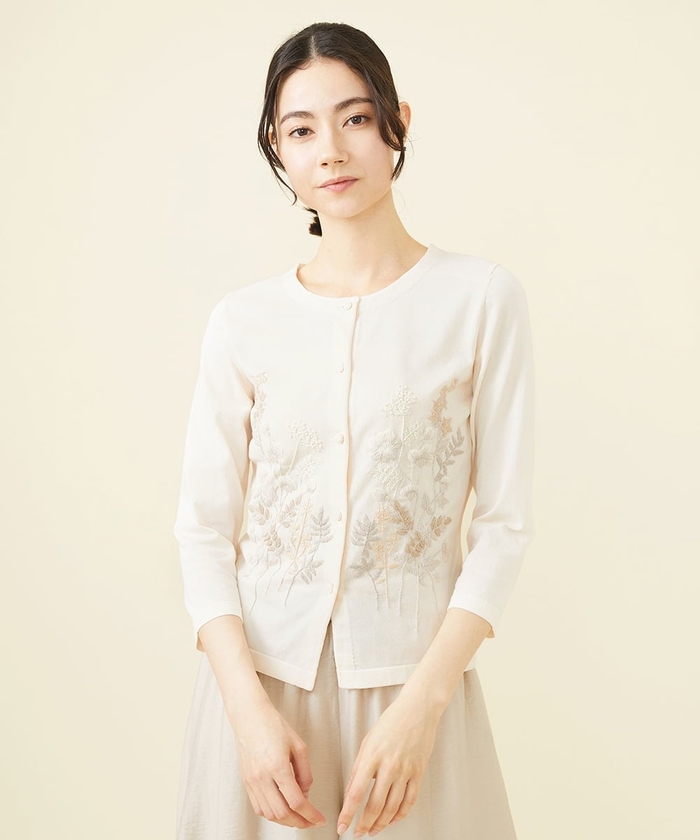 ☆美品☆エムズグレイシー　シアーカーディガン　フラワーシルバー金具　パールライン フラワーモチーフ付き7分袖カーディガン | msgracy
