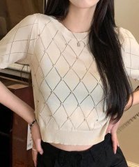 shoppinggo/ショッピングゴー shoppinggo ラインストーン付 ニット メッシュ 半袖 ニット トップス 女性 レディース セーター プルオーバー 春 夏 秋 ロング/506096649