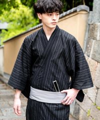 Rocky Monroe/ロッキーモンロー Rocky Monroe 浴衣 メンズ セット 黒 下駄 扇子 帯 着物 和服 しじら織り 平織り 4点セット ブラック グレー ネイビー 男/506100745