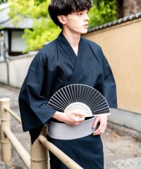 Rocky Monroe/ロッキーモンロー Rocky Monroe 浴衣 メンズ セット 黒 下駄 扇子 帯 着物 和服 しじら織り 平織り 4点セット ブラック グレー ネイビー 男/506100745