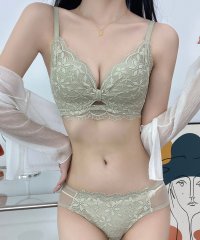 Lace Ladies/リボン ギャザー カットアウト フラワー レース ブラジャー&ショーツ セット/506099168