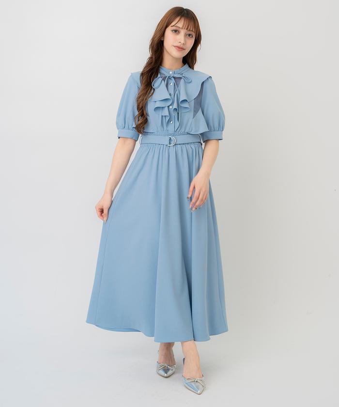 美品】ラッフルバンドカラーワンピース ストライプシャツ