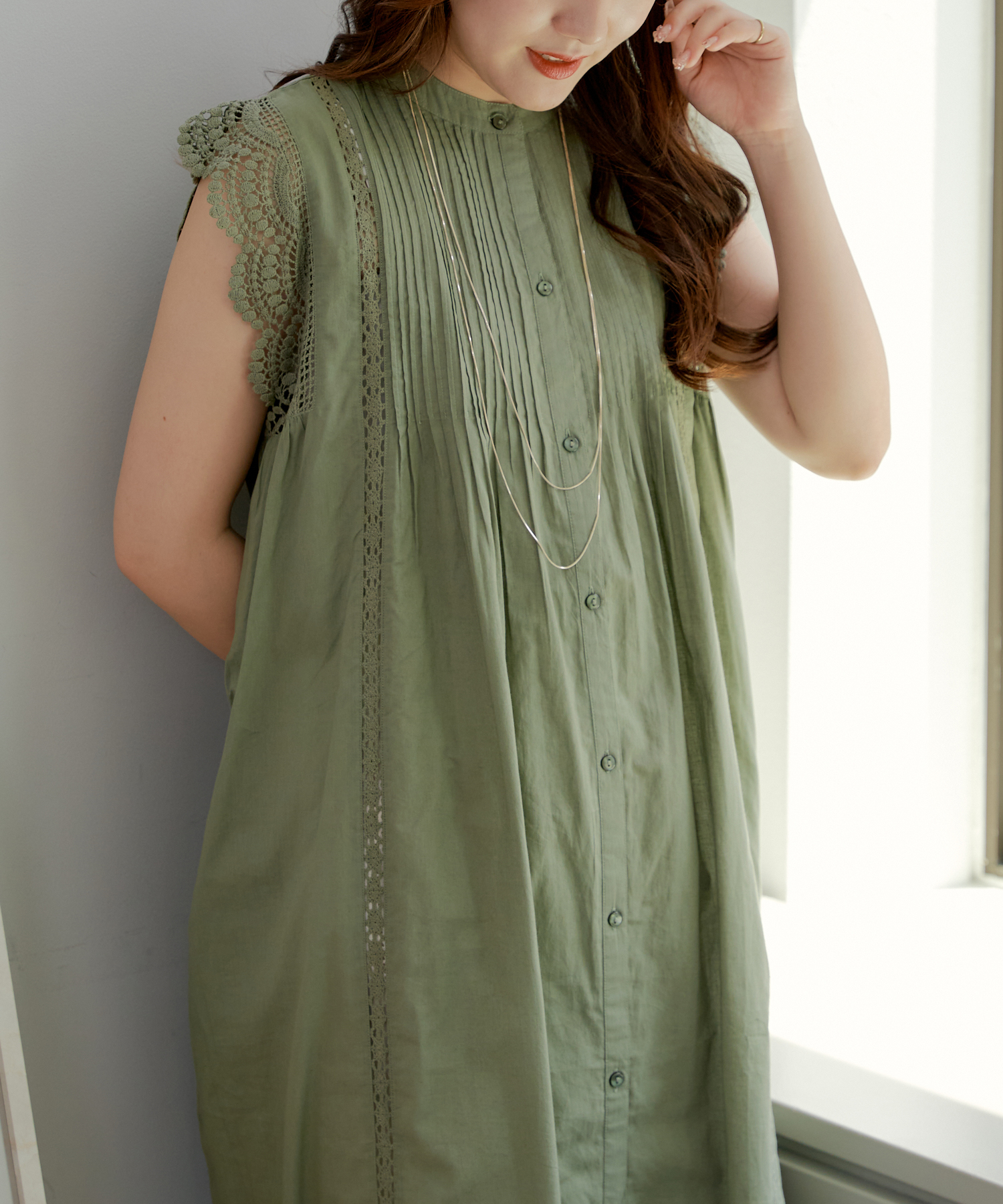 Tenne Handcrafted Modern オリーブ ロングワンピース nao】コットンレースブラウスワンピ ワンピース ロング