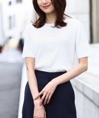 OFUON/パール調釦デザイン五分袖ニットカーディガン/洗える/506131059