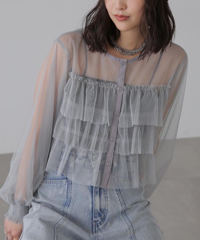 カーディガン チュールフリルカーディガン/ベージュ レディース ZARA - チュールカーディガン フリルカーディガンの通販 by
