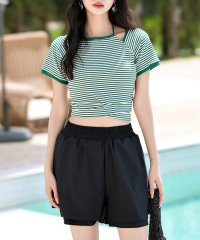 TeddyShop/テディショップ Teddyshop レディース水着 半袖ボーダー柄ホルターネックバックリボンクロップドビキニ 上下2点セット 【返品不可商品】/506227235