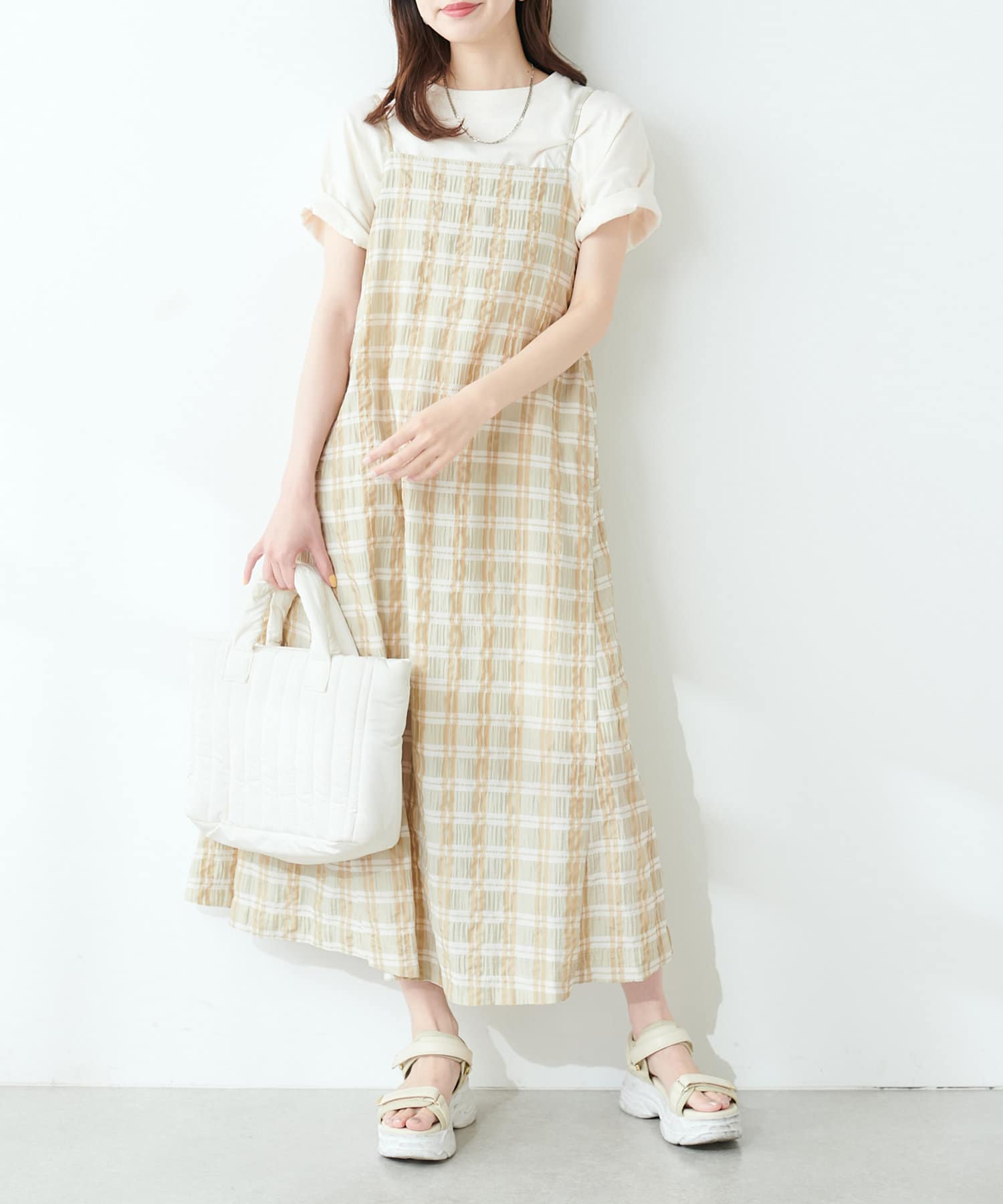 レディース ロングキャミワンピ バックオープン 格子柄 チェック クーポン】【セール 50%OFF】バックオープンワンピース