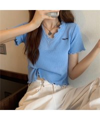 Beststore/ベストストア Beststore Tシャツ ショート丈 トップス カットソー 半袖 サマーニット 韓国ファション vネック ベーシック刺繍ロゴデザイン ロゴt /506306936