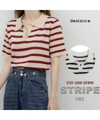 Beststore/ベストストア Beststore ポロシャツ Vネック 半袖 tシャツ ストライプ カットソー 韓国ファッション トップス ボーダー サマーニット襟付き pol/506306937