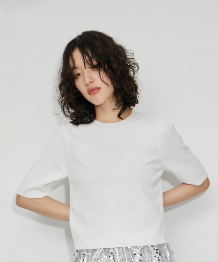【ADAM ET ROPE'】 アダムエロペ クールタッチショートニットTシャツ サステナブル・洗える】クールタッチショートニットTシャツ