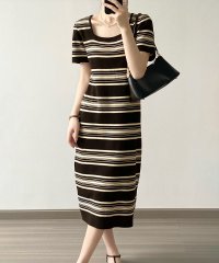 shoppinggo/ショッピングゴー shoppinggo ニットワンピース ボーダー柄 ロング丈 半袖 スクエアネック マキシ丈 フェミニン 切り替え レトロ レデイーズ 韓国フ/506314907
