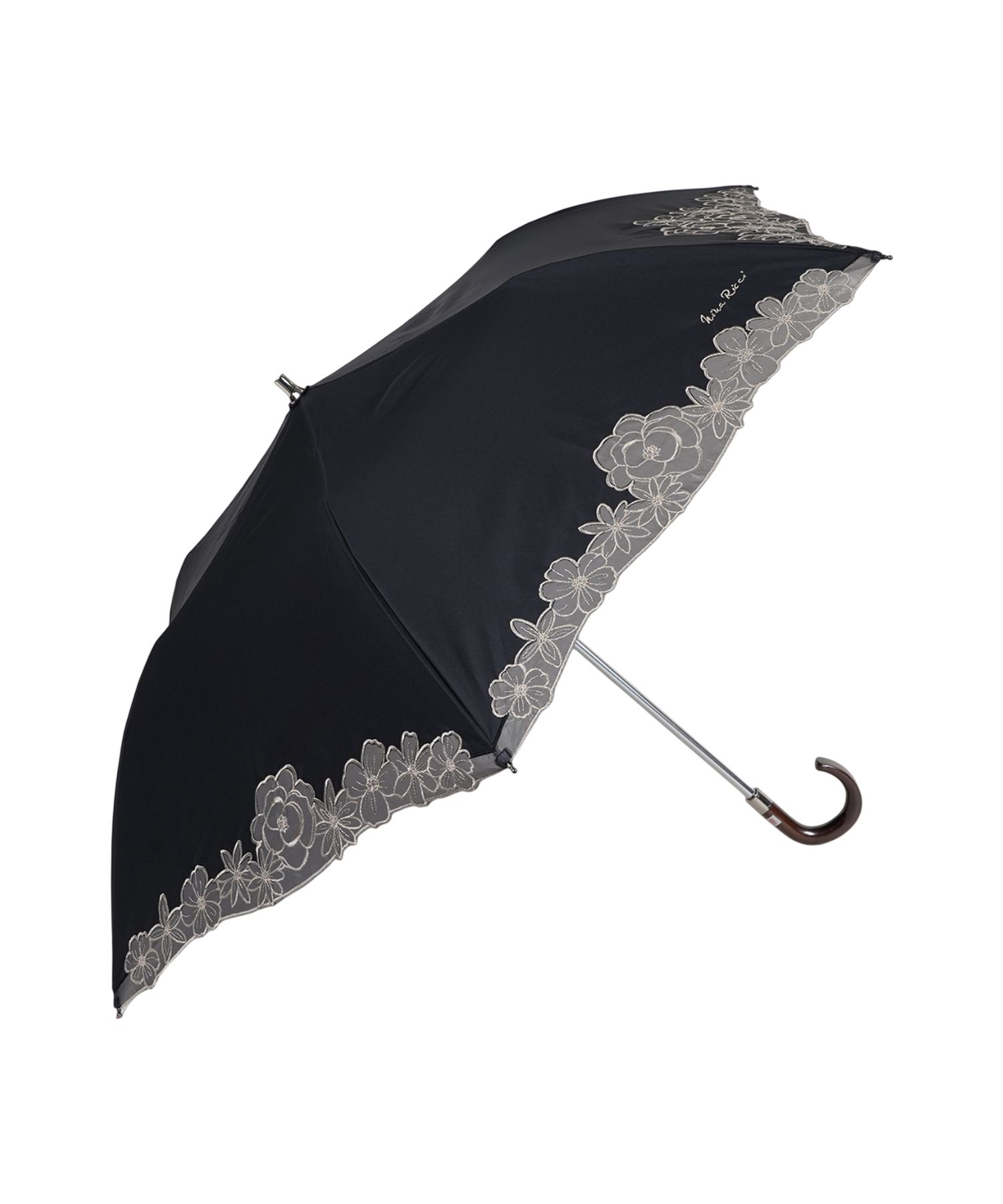 NINA RICCI ニナリッチ  折りたたみ傘 晴雨兼用 黒 NINA RICCI（ニナリッチ）花柄刺繍晴雨兼用パラソル（折りたたみ