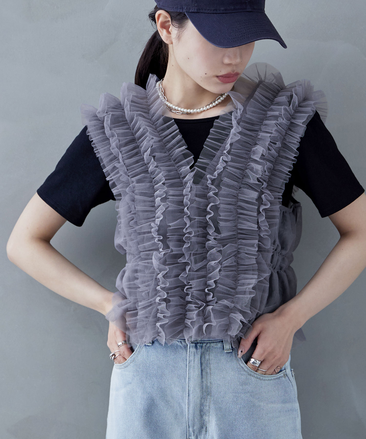 【新品タグ付】フリルドットビスチェcrinklecrinklecrinkle forksy.】ドットチュールアシンメトリーフリルビスチェ
