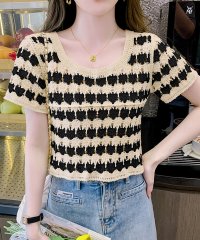 Amulet/アミュレット Amulet 透かし編み半袖ニット レディース 10代 20代 30代 韓国ファッション カジュアル 夏 シンプル 可愛い サマーニット クロップ/506358290