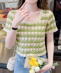 Amulet/アミュレット Amulet 透かし編み半袖ニット レディース 10代 20代 30代 韓国ファッション カジュアル 夏 シンプル 可愛い サマーニット クロップ/506358290