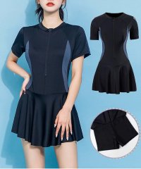 shoppinggo/ショッピングゴー shoppinggo フィットネス 水着 レディース ワンピース 体型カバー ママ ボタニカル マーブル ライン 水陸両用 黒 ハーフジップ /506359805
