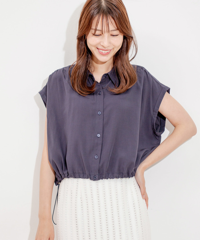 lovely Cherryブラウス　半袖　6/20削除 セール 30%OFF】とろみ無地ドロストショート丈ブラウス