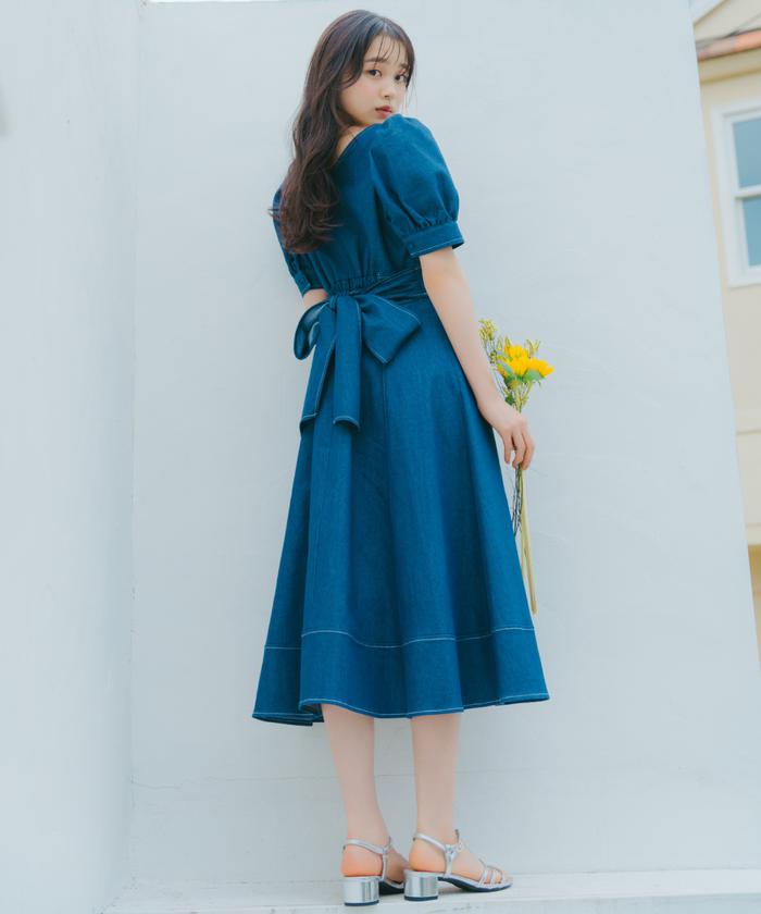 クーポン】【セール 30%OFF】デニムバックリボンワンピース