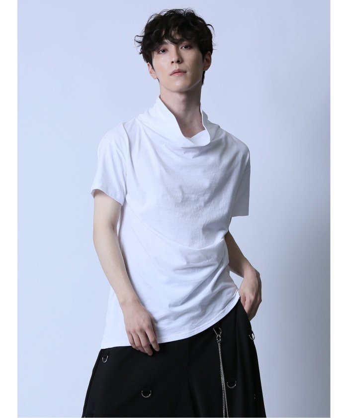 Aveniretoile 半袖トップ アシメドレープ タートルネック半袖Tシャツ メンズ Tシャツ