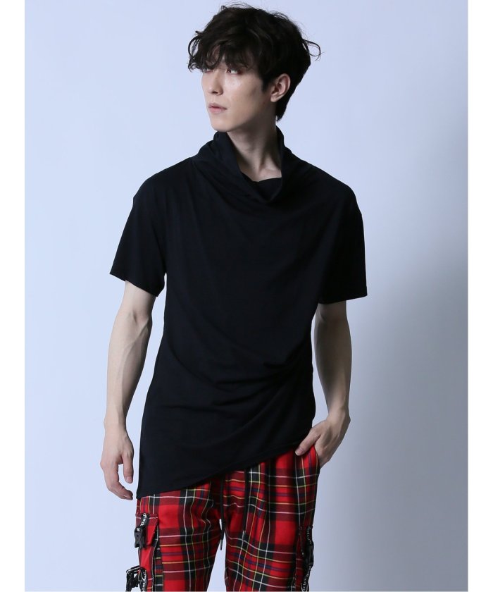 アシメドレープ タートルネック半袖Tシャツ メンズ Tシャツ