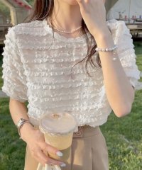shoppinggo/ショッピングゴー shoppinggo 夏新作 ブラウス シフォン レース パフスリーブ 薄手 無地 Tシャツ レディース 半袖トップス 半袖カットソー 通勤 /506413254