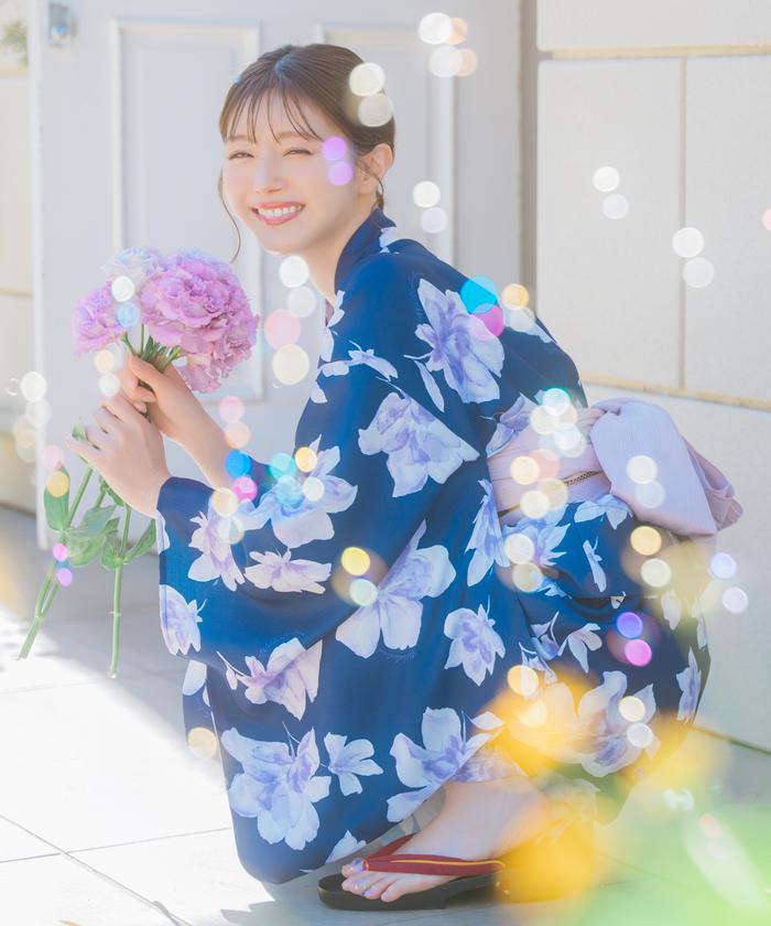 ウィルセレクション 水彩フラワープリント浴衣セット 赤系花柄