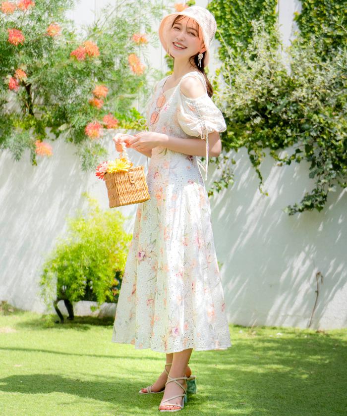 ☆キセニアブティック☆ワイン☆レースワンピース 小花柄 Vネック シフォン[品番：LCLW0007613]｜レースレディース