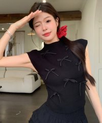 shopnikoniko/ショップニコニコ ShopNikoNiko リボン付き サイドシャーリング トップス ma 【即納】韓国 韓国カジュアル 韓国ガーリー ノースリーブ サイドギャ/506444788