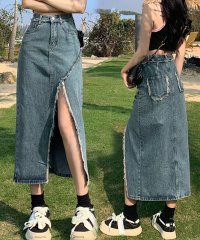 shoppinggo/ショッピングゴー shoppinggo デニムスカート スリット入り ハイウエスト ロングスカート フレアスカート マキシ丈 ポケット付き Aラインスカート 無/506491723