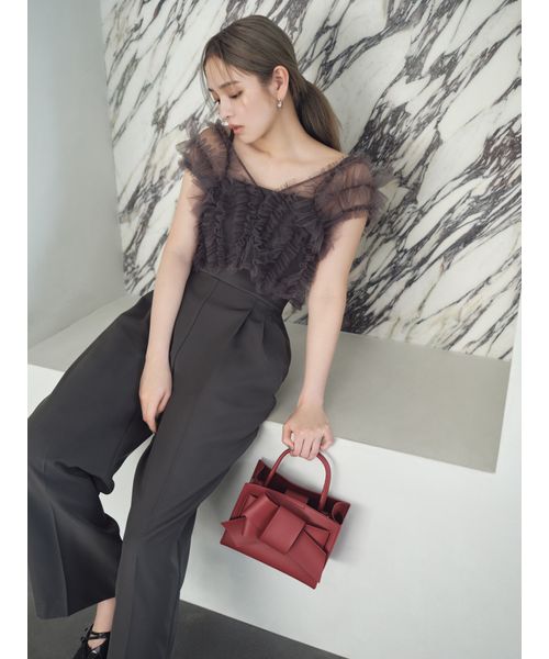 フレイアイディー ラッフルフリルベアトップ　ベルト付き２タックワイドパンツ ラッフルフリルベアトップ ベルト付き2タックワイドパンツ