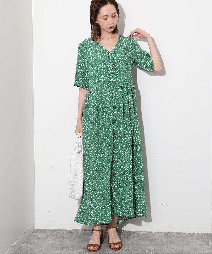 新品 IENA 小花柄シアーロングシャツワンピース グリーン サイズ2