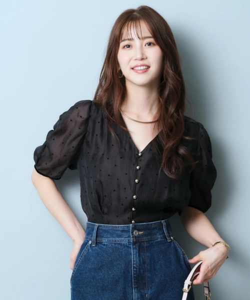 JUSGLITTY ギャザースリーブフロッキーブラウス