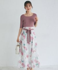 tocco closet/ウエストりぼん付きリブニット×フラワープリントドッキングワンピース/506590841